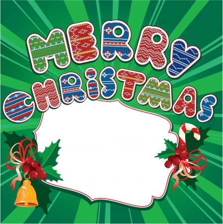 Merry Christmas Card with holly leafs and berries, sweets and bellのイラスト素材
