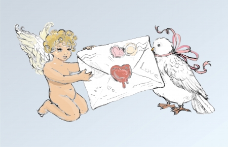 A vintage Valentine s Day illustration of a cupid, letter and doveのイラスト素材