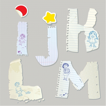 English alphabet - letters are made of old paper - letters I, J, K, L, Mのイラスト素材