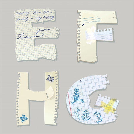 English alphabet - letters are made of old paper - letters E, F, H, Gのイラスト素材