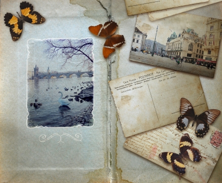 vintage background with blank space for your text, butterflies and post card with Prague viewのeditorial素材