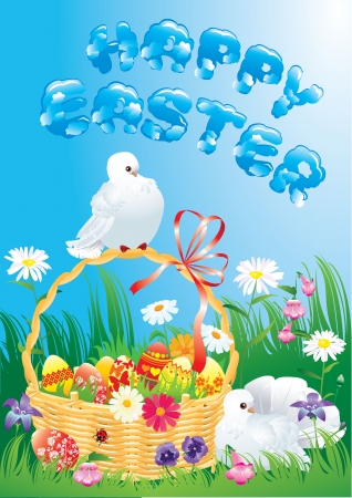 Greeting card with doves, spring flowers, basket and easter eggsのイラスト素材