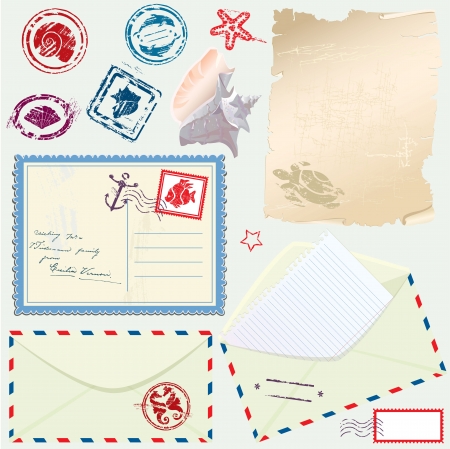 Postcard, envelope and paper with Retro nautical Stamps - for design and scrapbookのイラスト素材