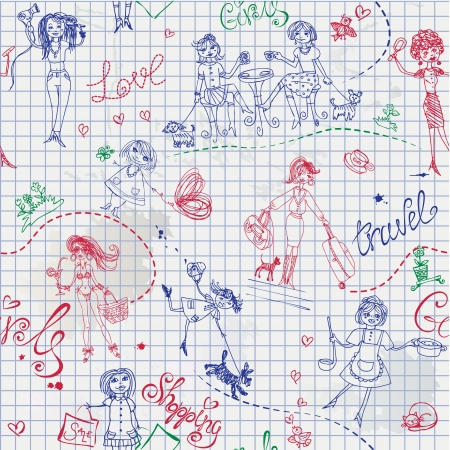 Childish style hand drawn seamless pattern with girlsのイラスト素材