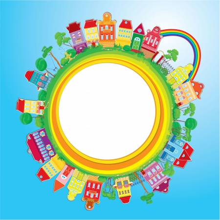 Abstract round banner with small fairy colorful town on light blue sky backgroundのイラスト素材