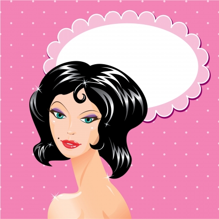 Brunette girl beautyful face - portrait on polka dot pink background with oval frame for your textのイラスト素材