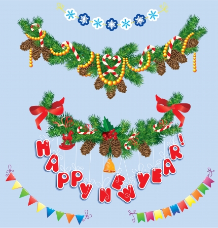 Set of Christmas and New Year garlands with horse toy, bell, bows, ribbons, sweets, candies.のイラスト素材