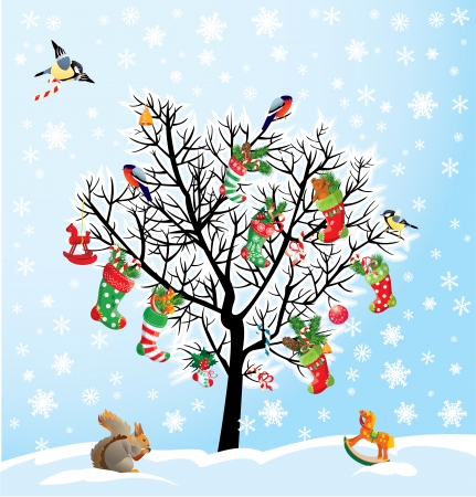 Winter tree with birds, squirrel, Xmas shoes, candies and presents. Christmas and New Year card.のイラスト素材