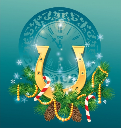 christmas and new year background with golden horse shoe - symbol 2014.のイラスト素材