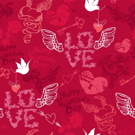 Valentines Day seamless pattern with hand drawn hearts, keys and birds on red background. Valentines Day seamless pattern with hand drawn hearts, keys and birds on red background.