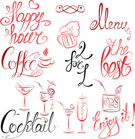 Set of hand written text: Happy Hour, Menu, Coffee, Cocktail , etc. Calligraphy elements for cafe or restaurant design in vintage style.のイラスト素材