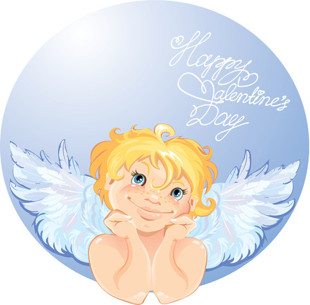 Cute angel in the round frame. Valentines Day card design.のイラスト素材