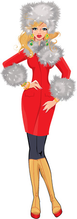 Beautiful blond woman dressing in red coat with white fur - isolated on white background - winter season pictureのイラスト素材