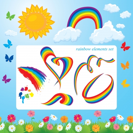 Different shapes of rainbows, clouds, sun, butterflies and flowers. Set of summer time elements for design.のイラスト素材