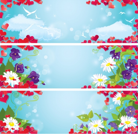 Set of Valentine`s Day horizontal banners with Red hearts confetti and wild flowers on blue sky background.のイラスト素材