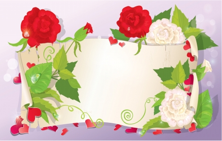 illustration of love letter with hearts and flowers - rose, daisy, bluebell, violet on pink background, horizontal formatのイラスト素材