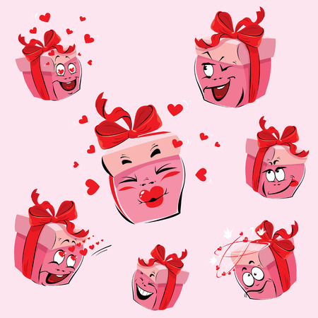 Set of pretty pink gift boxes cartoons with different expressions and  emotions. Design for love card and Valentines Dayのイラスト素材