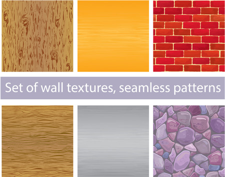 Set of different wall textures - wood, silver and  gold metal, brick, stones - seamless patternsのイラスト素材