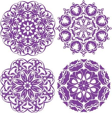 Set of 4 one color round ornaments, Lace floral patternsのイラスト素材