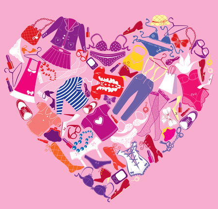 I Love Shopping image, the heart is made of different female fashion accessories and glamor clothesのイラスト素材