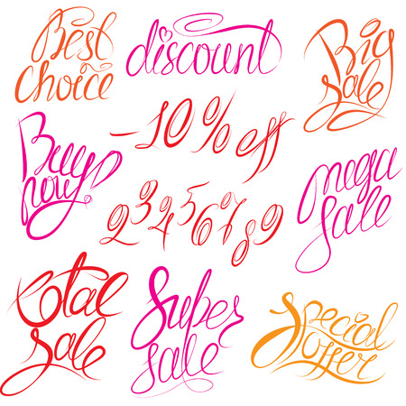 Set of hand written words Buy now , Best choice, discount, big, mega, super, total sale, special offer and numerals 0-9  - calligraphic Elements for fashion or retail Designのイラスト素材