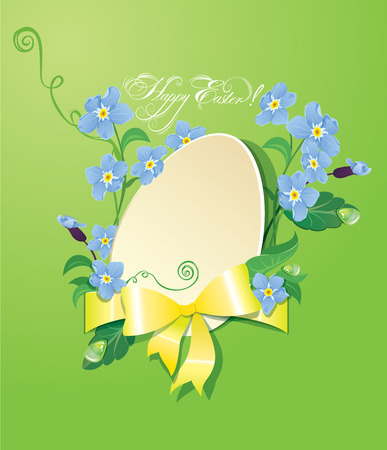 Easter greeting card with paper egg, ribbon and forget me not spring flowersのイラスト素材
