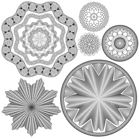 Set of Vintage backgrounds, Guilloche ornamental Element for Certificate, Money, Diploma, Voucher, decorative round framesのイラスト素材
