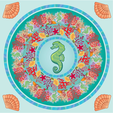 Round frame with Coral Reef and Marine life - Underwater ornamental background.のイラスト素材