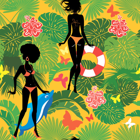 Seamless pattern with Woman silhouette in bikini swimwear at tropical beach with palm tree leaves and butterflies. Background for summer or travel design. Ready to use as swatch.のイラスト素材