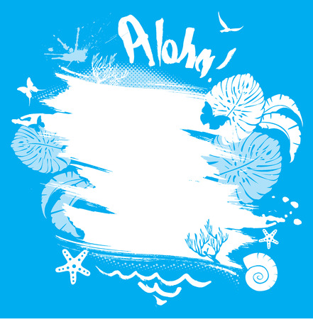 Frame in grunge style for travel and vacation design. Palm tree leaves, butterflies, marine life and hand written text ALOHA!のイラスト素材