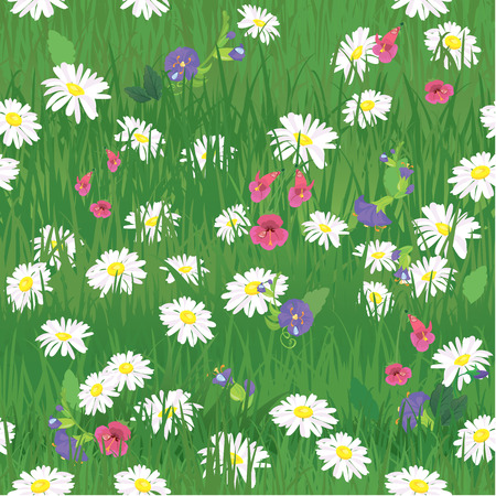 Seamless pattern - texture of grass and wild flowers のイラスト素材