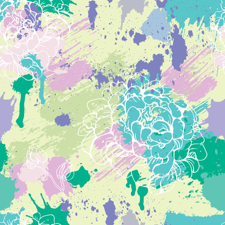 Seamless pattern with blots, ink splashes and hand drawn flowers. Abstract background for design in grunge style. Ready to use as swatch. のイラスト素材