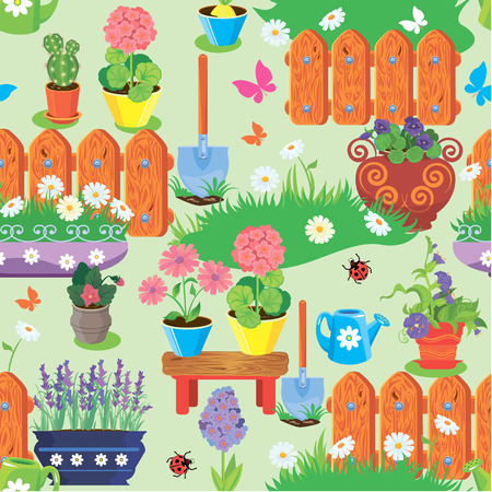 Seamless pattern with spring and summer flowers, agriculture tools and equipment. Village and garden background. Ready to use as swatchのイラスト素材