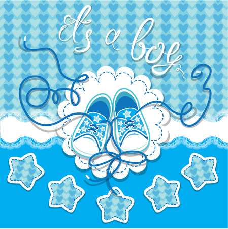Holiday Dard children gumshoes on blue background - design for boys. Invitation with handwritten text It`s a boy.のイラスト素材