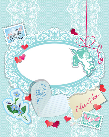 Vintage Holiday card with papers, hearts, angel, stamps, calligraphic text I love you on blue lace backgroundのイラスト素材