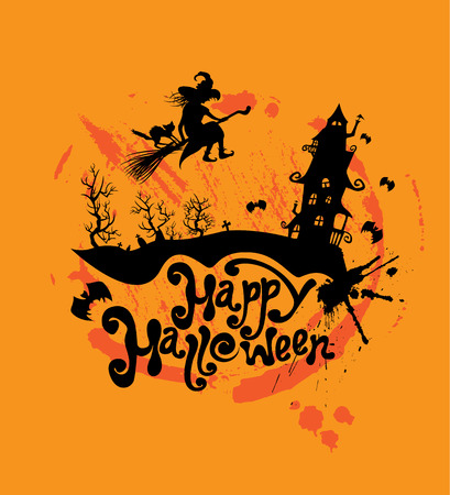 Halloween night: silhouette of witch and cat flying on broom to mystery house. Card with calligraphic text Happy Halloweenのイラスト素材