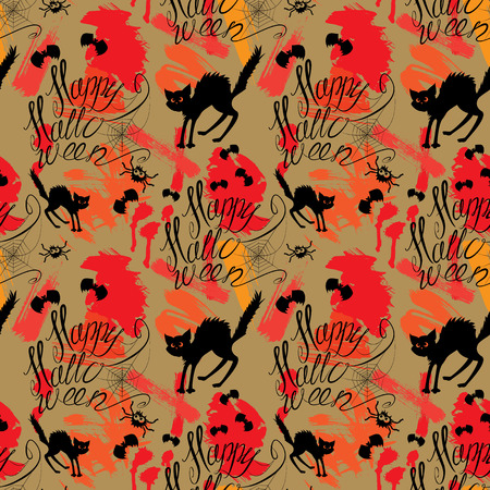 Halloween seamless pattern with black cat, bats, spider, web, Handwritten calligraphic text - Happy Halloween. Background in grunge styleのイラスト素材