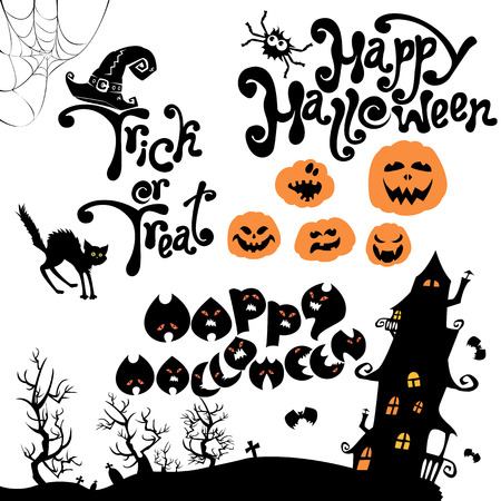 Set of Halloween elements - pumpkin, cat, mystery house and other terrifying things. Handwritten calligraphic text - Happy Halloween, Trick or Treat.のイラスト素材