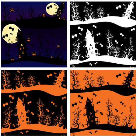 Set of seamless patterns - Halloween night: mystery house on sky background with moon.のイラスト素材