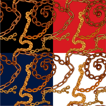 Set of seamless patterns with handdrawn Gold chains on black, red, blue and white backgrounds.のイラスト素材