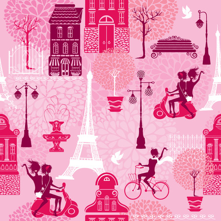 Seamless pattern with girls riding on scooter and bicycle, houses silhouettes and town landscape with Effel Tower on a pink floral background.  Ready to use as swatchのイラスト素材