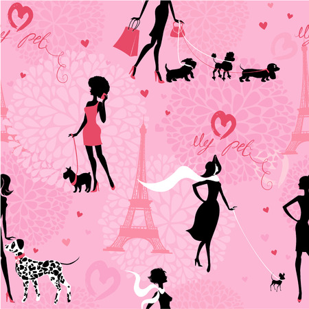 Seamless pattern with black silhouettes of fashionable girls with their pets - dogs (Dalmatian, dachshund, terrier, poodle, chihuahua) on a pink floral background. Ready to use as swatchのイラスト素材