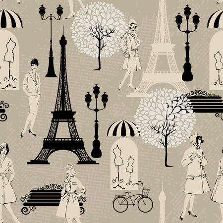 Seamless pattern - Effel Tower, street lights, old fashioned girls  - Background for fashion or retail design in vintage style.のイラスト素材