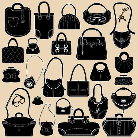 Set of woman bags and handbags. Black and white colors  objects.のイラスト素材