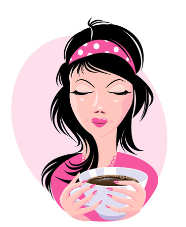 Illustration of lovely girl holding a cup of delicious coffee.のイラスト素材
