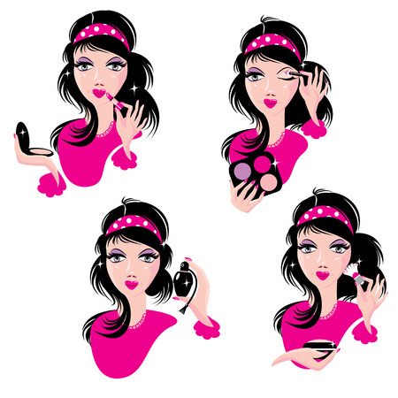 Set of lovely girls using different tools to apply her make-upのイラスト素材
