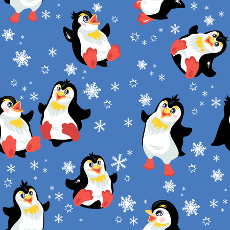 Seamless pattern with funny penguins and snowflakes on blue background, design for winter, Christmas or New Year themesのイラスト素材