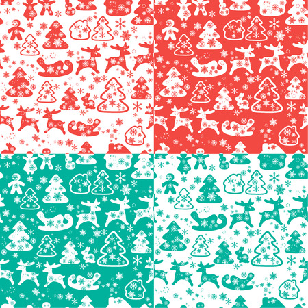 Christmas and New Year seamless pattern with snowflakes and xmas symbols for winter and xmas theme in red, white and light blue colors. Ready to use as swatchのイラスト素材