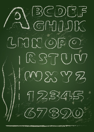 ABC - English alphabet written on a blackboard in white chalk - Handwritten grunge  letters and numeralsのイラスト素材