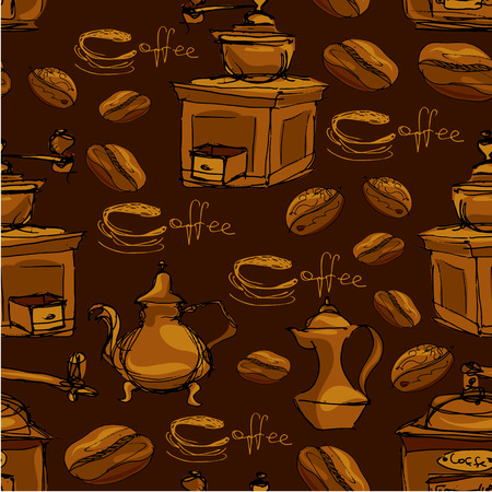 Seamless pattern with handdrawn coffee cups, beans, grinder, coffee pot, calligraphic text COFFEE. Background design for cafe or restaurant menu.のイラスト素材